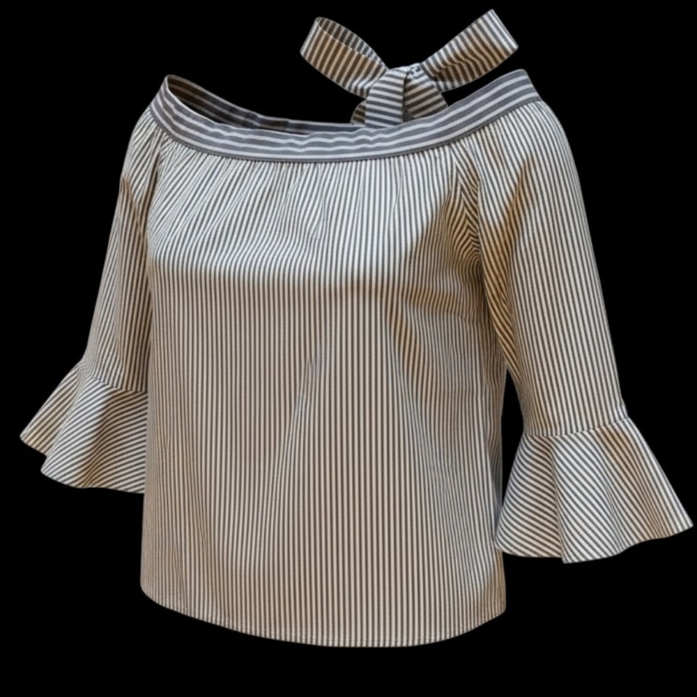 NWT LOFT Off Shoulder Top Shirt Blouse Tie Back Bell Sleeve Stripe Grey White S